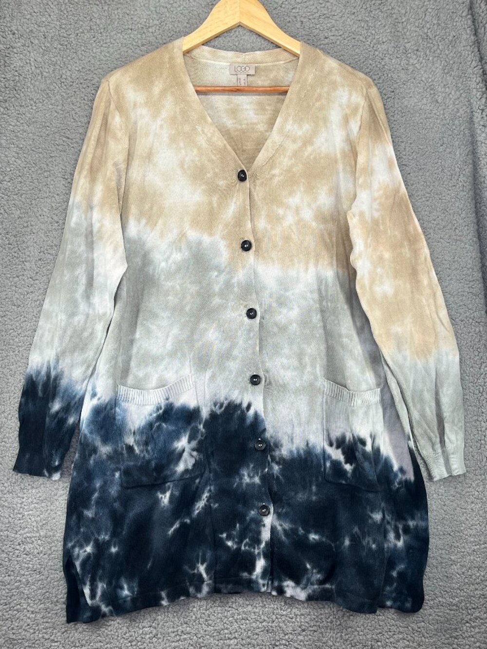 LOGO Lori Goldstein Tie Dye Longline Button Front Cardigan Tunic with Pockets